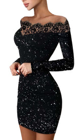 LACE STITCHING GLITTER MINI DRESS IN BLACK DRESS sis label