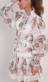 LACE TRIM LANTERN SLEEVE MINI DRESS IN FLORAL DRESS STYLE OF CB