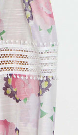 LACE TRIM LANTERN SLEEVE MINI DRESS IN FLORAL DRESS STYLE OF CB