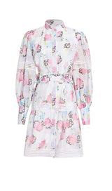 LACE TRIM LANTERN SLEEVE MINI DRESS IN FLORAL DRESS STYLE OF CB