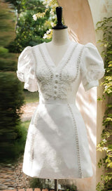 LACE PUFF SLEEVE MIDI DRESS IN WHITE DRESS STYLE OF CB