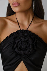 RUFFLE FLOWER-EMBELLISHED MIDI DRESS IN BLACK DRESS STYLE OF CB