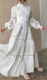 LONG PUFF SLEEVES FLARED TIERED MIDI DRESS IN WHITE DRESS STYLE OF CB