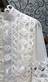 LONG PUFF SLEEVES FLARED TIERED MIDI DRESS IN WHITE DRESS STYLE OF CB