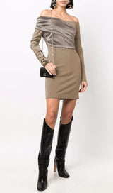 LONG SLEEVE FOLDS BANDAGE MINI DRESS IN KHAKI Dresses styleofcb