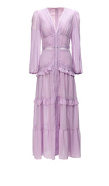 LONG SLEEVE RUFFLE MAXI DRESS IN LILAC DRESS STYLE OF CB