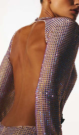 LONG-SLEEVE CREW NECK GLITTER MINI DRESS IN MAHOGANY WOOD styleofcb