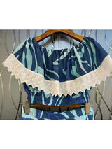 MARMO-PRINT RUFFLE TWO PIECE SET IN BLUE DRESS STYLE OF CB