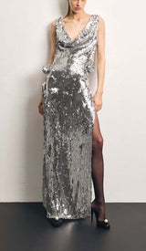 MBELLISHED V-NECK COLUMN GOWN IN SILVER DRESS sis label