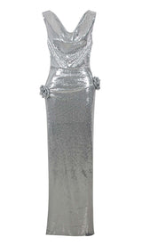 MBELLISHED V-NECK COLUMN GOWN IN SILVER DRESS sis label
