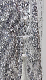 MBELLISHED V-NECK COLUMN GOWN IN SILVER DRESS sis label