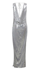 MBELLISHED V-NECK COLUMN GOWN IN SILVER DRESS sis label