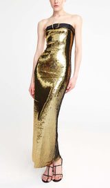 METALLIC STRAPLESS MIDI DRESS IN CHAMPAGNE styleofcb