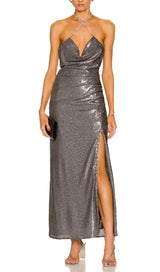 MIDI DRESS WITH SEQUINS SLITS IN SLIVER Dresses styleofcb
