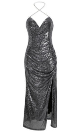 MIDI DRESS WITH SEQUINS SLITS IN SLIVER Dresses styleofcb
