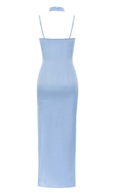 MOCK NECK SLIT MIDI DRESS IN BLUE DRESS STYLE OF CB