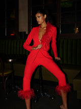 RED BLAZER SUIT WITH FEATHER TRIM Bottoms styleofcb