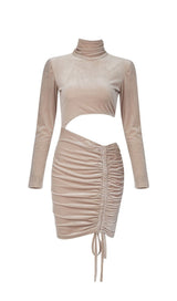 NUDE VELVET CUT OUT RUCHED MINI DRESS Dresses styleofcb