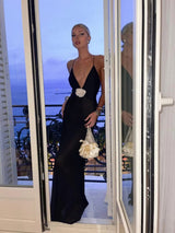 FLOWER V NECK MIDI DRESS IN BLACK Dresses styleofcb