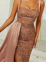 GOLD SEQUIN SLEEVELESS SUSPENDER MAXI DRESS Dresses styleofcb