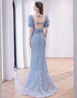 SEQUIN PUFF SLEEVE MAXI DRESS IN BLUE Dresses styleofcb