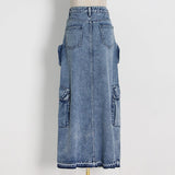 POCKET SPLIT DENIM SKIRT IN BLUE Skirts Oh CICI