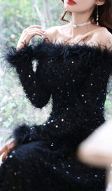 SEQUIN SEXY OFF SHOULDER FEATHER LONG SLEECES GOWN IN BLACK styleofcb