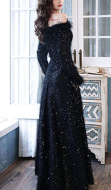 SEQUIN SEXY OFF SHOULDER FEATHER LONG SLEECES GOWN IN BLACK styleofcb