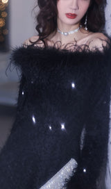 SEQUIN SEXY OFF SHOULDER FEATHER LONG SLEECES GOWN IN BLACK styleofcb