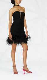 SEXY STRETCH OFF-SHOULDER FEATHER MINI DRESS IN BLACK styleofcb