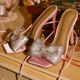 PINK CROSS-LACE RHINESTONE BOW HEELS Shoes styleofcb