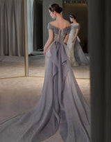 OFF SHOULDER SEQUIN STITCHED MAXI DRESS IN SILVER Dresses styleofcb