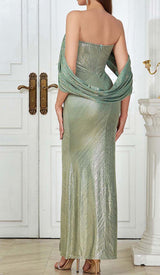 OFF-SHOULDER RIBBON MAXI DRESS IN GREEN DRESS STYLE OF CB