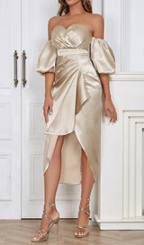 OFF SHOULDER RUCHED ASYMMETRICAL MIDI DRESS IN GRAY DRESS STYLE OF CB