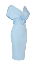 OFF SHOULDER V NECK BODYCON MIDI DRESS IN BLUE Dresses styleofcb