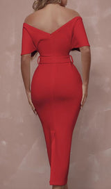 OFF SHOULDER V NECK BODYCON MIDI DRESS IN RED Dresses styleofcb