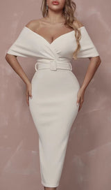 OFF SHOULDER V NECK BODYCON MIDI DRESS IN WHITE Dresses styleofcb