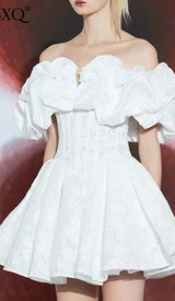 OFF SHOULDER CORSET MINI DRESS IN WHITE DRESS STYLE OF CB