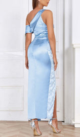 ONE SHOULDER RUCHED SLIT MAXI DRESS IN BLUE DRESS STYLE OF CB