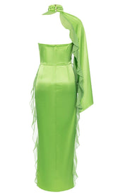 ONE-SHOULDER SATIN RUFFLE MAXI DRESS IN NEON GREEN DRESS STYLE OF CB