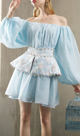 PEARL TRIM LONG SLEEVE MINI DRESS IN BLUE DRESS sis label