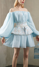 PEARL TRIM LONG SLEEVE MINI DRESS IN BLUE DRESS sis label