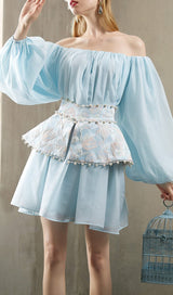 PEARL TRIM LONG SLEEVE MINI DRESS IN BLUE DRESS sis label