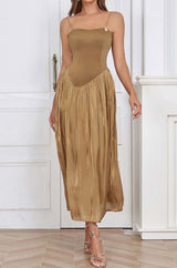 PLEATED STRAP MIDI DRESS IN TOBACCO DRESS STYLE OF CB