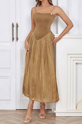 PLEATED STRAP MIDI DRESS IN TOBACCO DRESS STYLE OF CB
