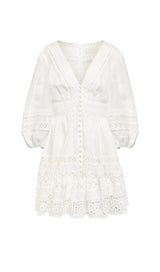 PLUNGING NECK LACE MINI DRESS IN WHITE DRESS STYLE OF CB