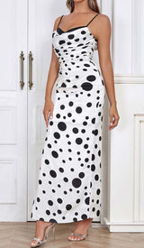 POLKA DOT PRINT RUCHED MERMAID MAXI DRESS DRESS styleofcbdress