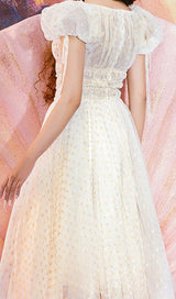 PUFF SLEEVE HIGH WAIST EMBROIDERY MIDI DRESS IN WHITE DRESS sis label