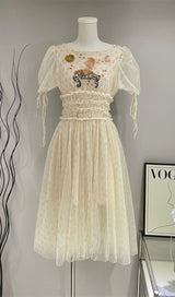 PUFF SLEEVE HIGH WAIST EMBROIDERY MIDI DRESS IN WHITE DRESS sis label