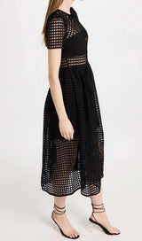 PUFFED SLEEVE LACE MIDI DRESS IN BLACK DRESS STYLE OF CB